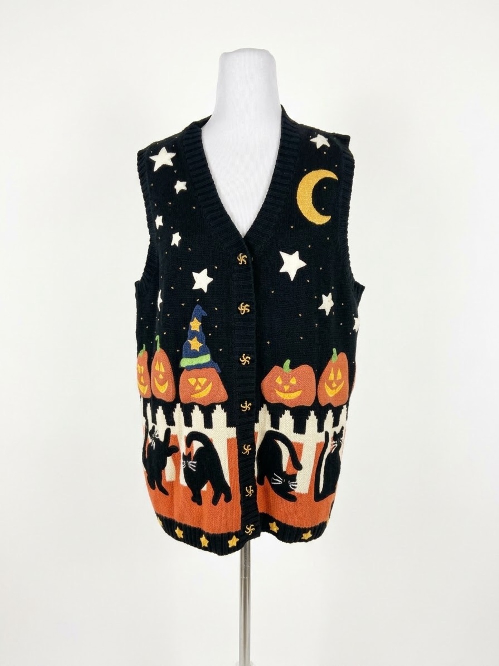 VTG Tiara International Halloween Knit Sweater Vest Medium Black Cats Pumpkins